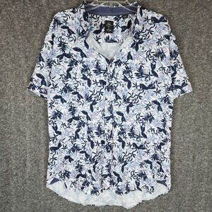 Michael Strahan Shirt Mens XL Slim Fit Short Sleeve White Blue Tropical EUC